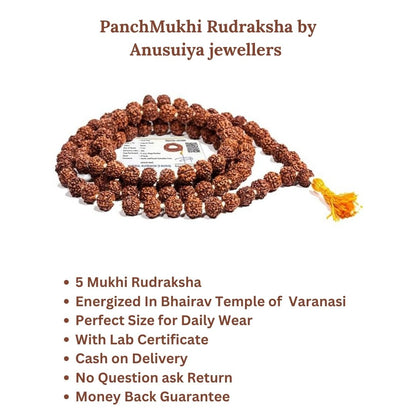 Get Divine Protection and Prevent Mishappening - 108 Beads 5 Mukhi Rudraksha Mala Lab Certified